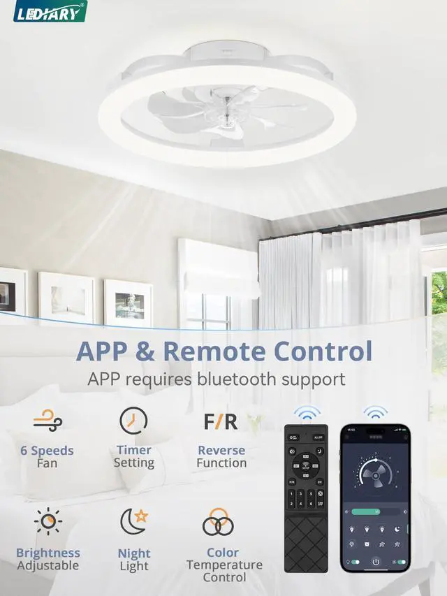 Alt view image 3 of 7 - 20 Inch Low Profile Ceiling Fans with Lights and Remote, Dimmable Modern Fan Light(3000K-6000K), 6 Speed, Reversible, APP & Remote Control, Flush Mount Ceiling Fan for Bedroom, White