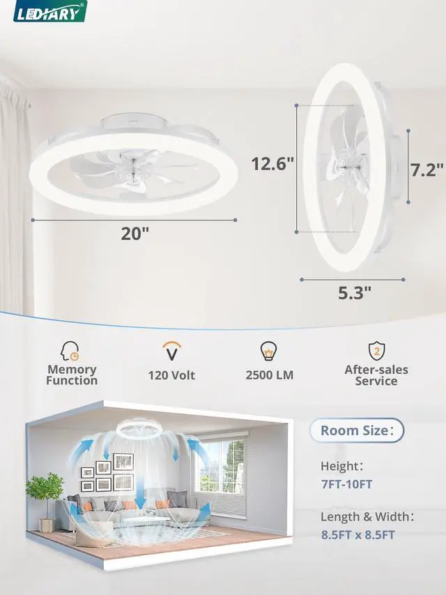 Alt view image 6 of 7 - 20 Inch Low Profile Ceiling Fans with Lights and Remote, Dimmable Modern Fan Light(3000K-6000K), 6 Speed, Reversible, APP & Remote Control, Flush Mount Ceiling Fan for Bedroom, White