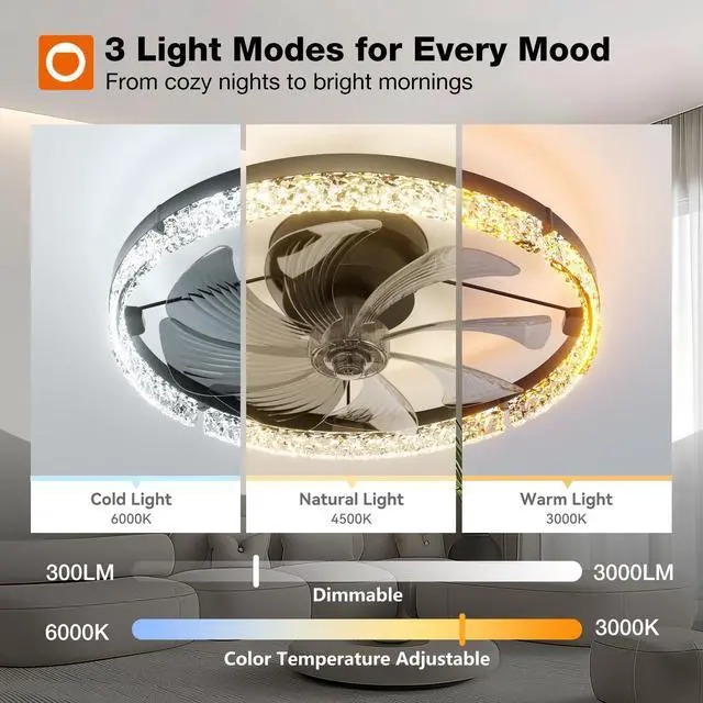Alt view image 3 of 7 - Ceiling Fans with Lights and Remote, 20'' Low Profile Ceiling Fans, 3000-6000K Dimmable Modern Flush Mount LED Fan Light, Fandelier Ceiling Fan for Bedroom, Kitchen, Living Room, Black