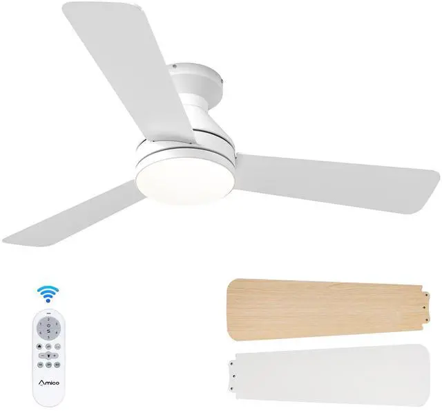 Main image of Ceiling Fans with Lights, 42 inch Low Profile Ceiling Fan with Light and Remote Control, Flush Mount, Reversible, 3CCT, Dimmable, Noiseless, White Ceiling Fan for Bedroom, Indoor/Outdoor Use