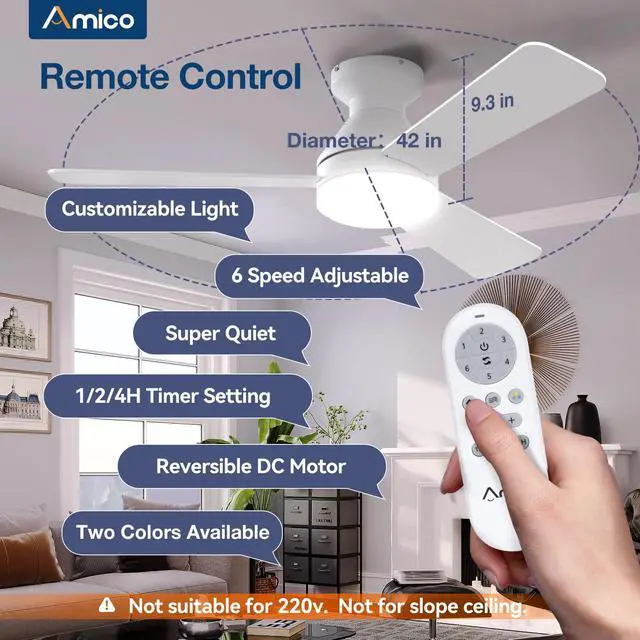 Alt view image 2 of 7 - Ceiling Fans with Lights, 42 inch Low Profile Ceiling Fan with Light and Remote Control, Flush Mount, Reversible, 3CCT, Dimmable, Noiseless, White Ceiling Fan for Bedroom, Indoor/Outdoor Use