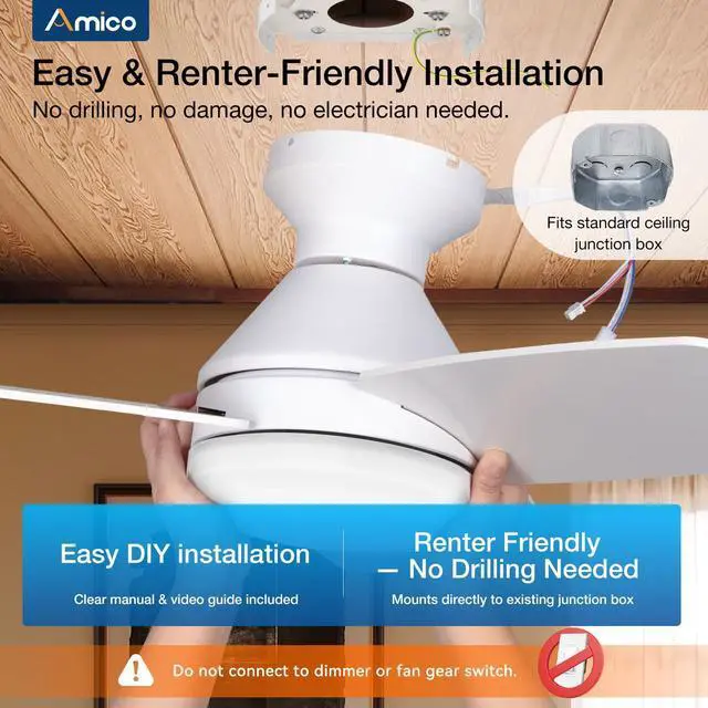 Alt view image 7 of 7 - Ceiling Fans with Lights, 42 inch Low Profile Ceiling Fan with Light and Remote Control, Flush Mount, Reversible, 3CCT, Dimmable, Noiseless, White Ceiling Fan for Bedroom, Indoor/Outdoor Use