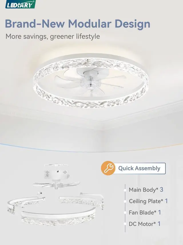 Alt view image 2 of 7 - 20" Modern Ceiling Fans with Lights and Remote, Dimmable Low Profile Ceiling Fan, Flush Mount Ceiling Fan, Stepless Color Temperature Change and 6 Speeds - White