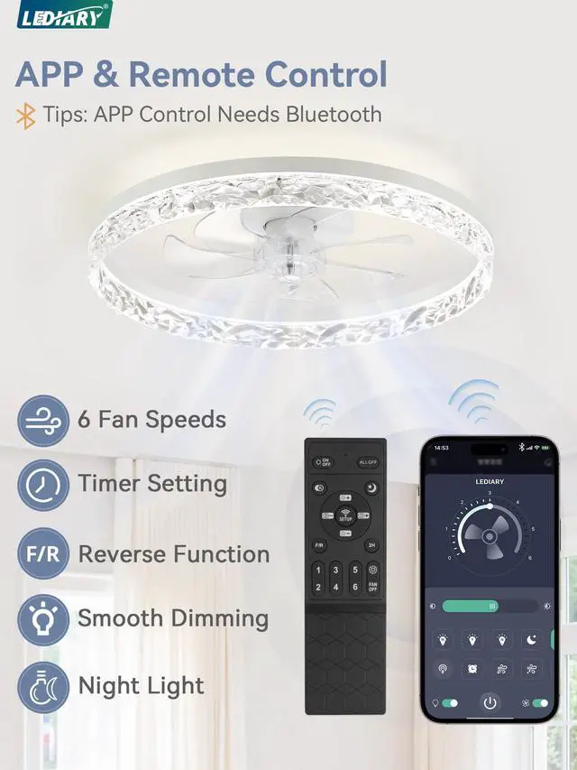 Alt view image 4 of 7 - 20" Modern Ceiling Fans with Lights and Remote, Dimmable Low Profile Ceiling Fan, Flush Mount Ceiling Fan, Stepless Color Temperature Change and 6 Speeds - White