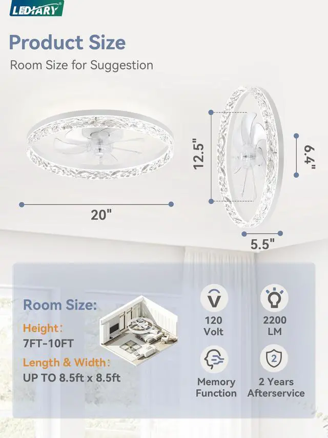 Alt view image 7 of 7 - 20" Modern Ceiling Fans with Lights and Remote, Dimmable Low Profile Ceiling Fan, Flush Mount Ceiling Fan, Stepless Color Temperature Change and 6 Speeds - White