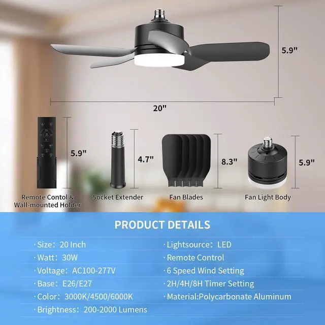 Alt view image 5 of 7 - 20" Socket Fan Light with Remote, 30W 2000 Lumens, 3 Colors 3000-6000K Small Ceiling Fans with Lights 6 Speed Wind Light Bulb Fan for Bedroom, Living Room, Kitchen, Laundry Room