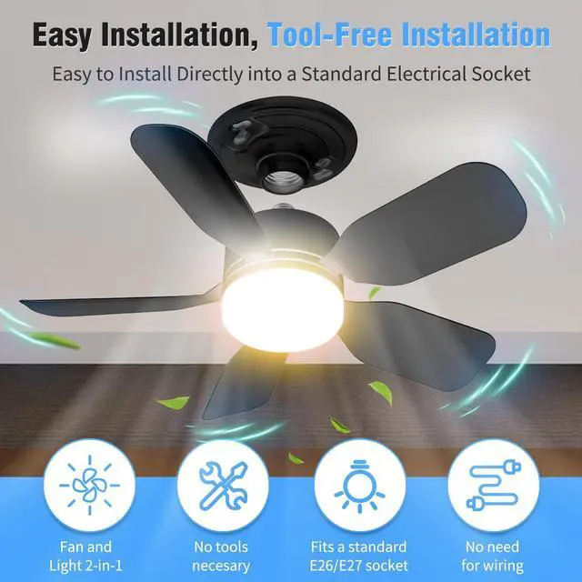 Alt view image 7 of 7 - 20" Socket Fan Light with Remote, 30W 2000 Lumens, 3 Colors 3000-6000K Small Ceiling Fans with Lights 6 Speed Wind Light Bulb Fan for Bedroom, Living Room, Kitchen, Laundry Room