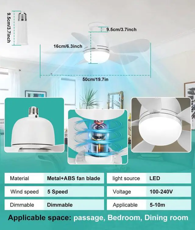 Alt view image 5 of 7 - Socket Fan Light Small Ceiling Fan With Light and Remote, 20 Inch Screw-in for E26/E27 Base, 5 Speed Dimmable Mini for Bedroom Kitchen and Small Rooms, White