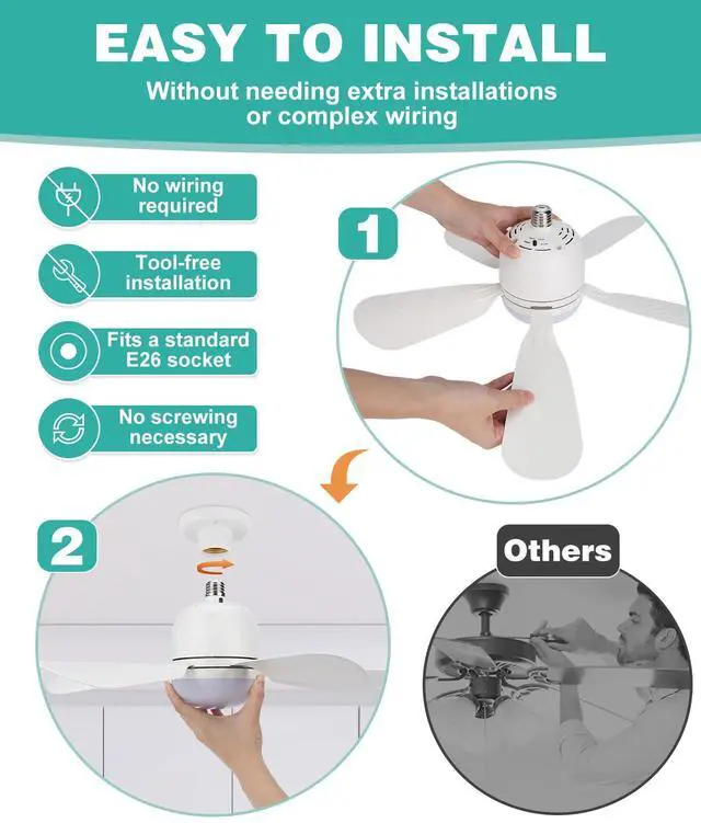 Alt view image 6 of 7 - Socket Fan Light Small Ceiling Fan With Light and Remote, 20 Inch Screw-in for E26/E27 Base, 5 Speed Dimmable Mini for Bedroom Kitchen and Small Rooms, White