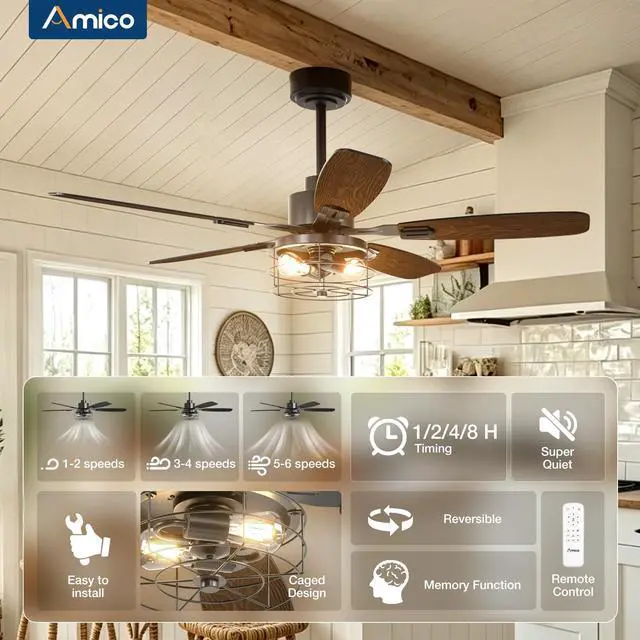 Alt view image 2 of 7 - 52 inch Ceiling Fans with Lights, Caged Ceiling Fan with Light and Remote Control, Dimmable, 3CCT, Quiet, Black Farmhouse Ceiling fan For Living Room, Bedroom, Kitchen, Patio Indoor/Outdoor Use