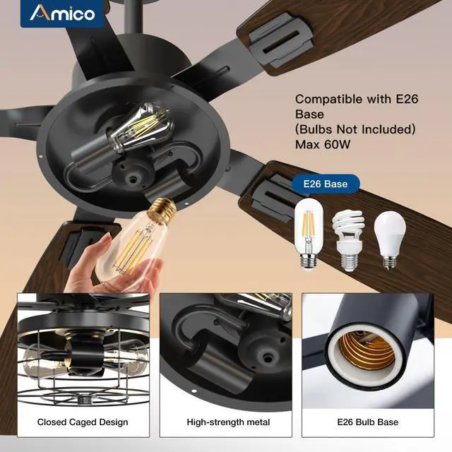 Alt view image 5 of 7 - 52 inch Ceiling Fans with Lights, Caged Ceiling Fan with Light and Remote Control, Dimmable, 3CCT, Quiet, Black Farmhouse Ceiling fan For Living Room, Bedroom, Kitchen, Patio Indoor/Outdoor Use
