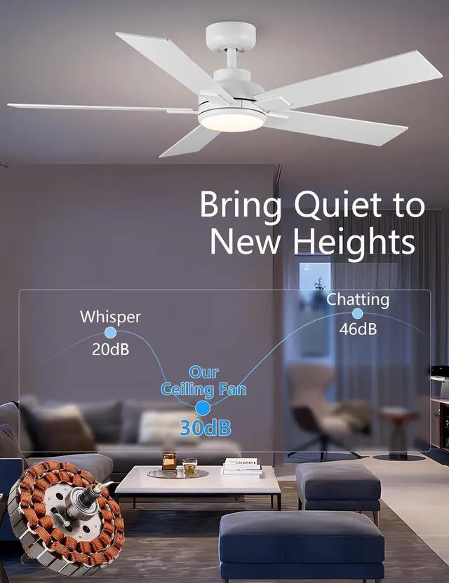 Alt view image 2 of 7 - Modern Ceiling Fans with Lights - 52 inch Outdoor White Ceiling Fan with Light and Remote, Reversible DC Motor, 6-Speed Quiet 3CCT LED Dimmable for Bedroom, Indoor and Outdoor, Patios , ETL Listed