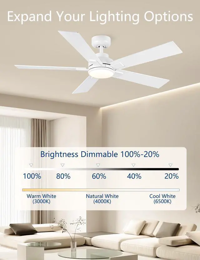 Alt view image 3 of 7 - Modern Ceiling Fans with Lights - 52 inch Outdoor White Ceiling Fan with Light and Remote, Reversible DC Motor, 6-Speed Quiet 3CCT LED Dimmable for Bedroom, Indoor and Outdoor, Patios , ETL Listed