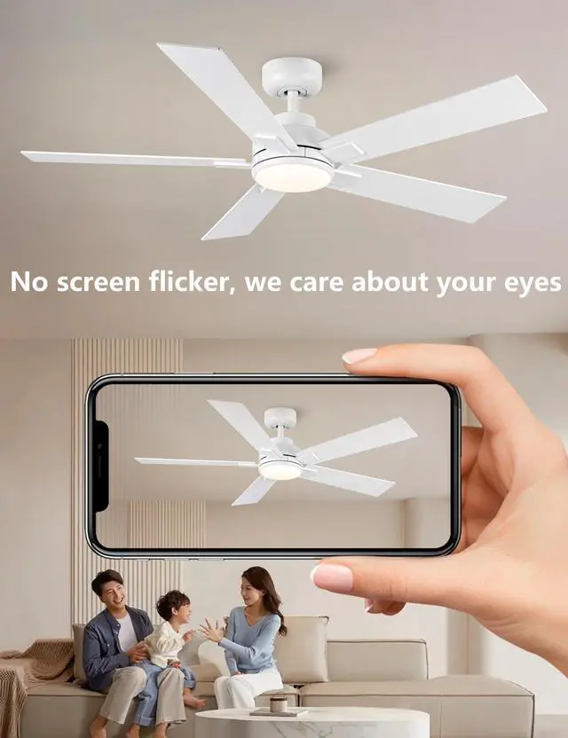 Alt view image 4 of 7 - Modern Ceiling Fans with Lights - 52 inch Outdoor White Ceiling Fan with Light and Remote, Reversible DC Motor, 6-Speed Quiet 3CCT LED Dimmable for Bedroom, Indoor and Outdoor, Patios , ETL Listed