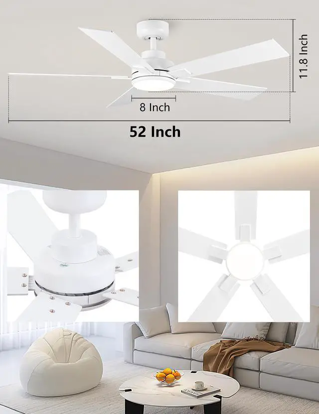 Alt view image 7 of 7 - Modern Ceiling Fans with Lights - 52 inch Outdoor White Ceiling Fan with Light and Remote, Reversible DC Motor, 6-Speed Quiet 3CCT LED Dimmable for Bedroom, Indoor and Outdoor, Patios , ETL Listed