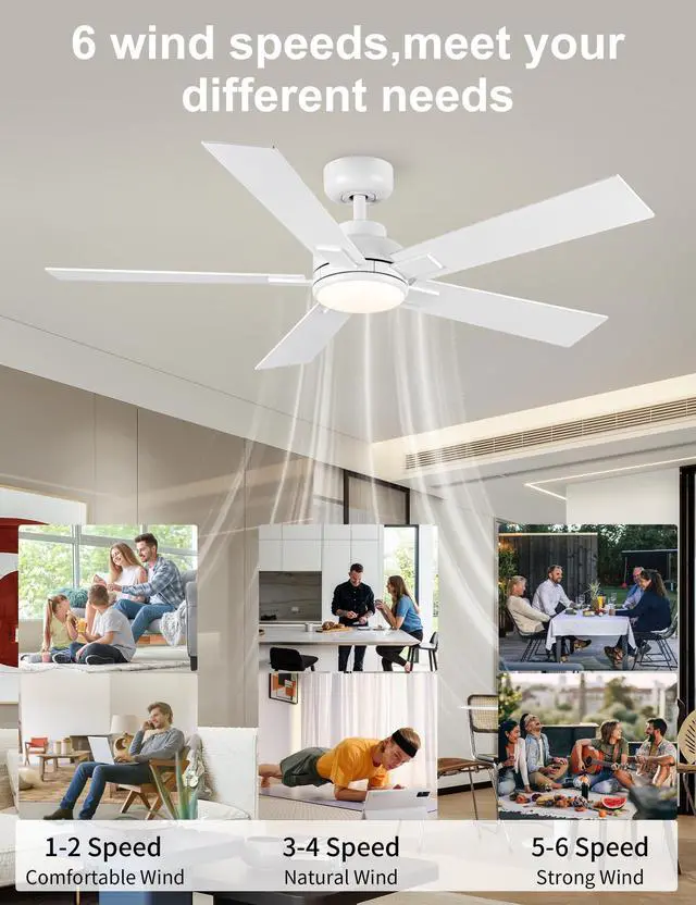 Alt view image 5 of 7 - Modern Ceiling Fans with Lights - 52 inch Outdoor White Ceiling Fan with Light and Remote, Reversible DC Motor, 6-Speed Quiet 3CCT LED Dimmable for Bedroom, Indoor and Outdoor, Patios , ETL Listed