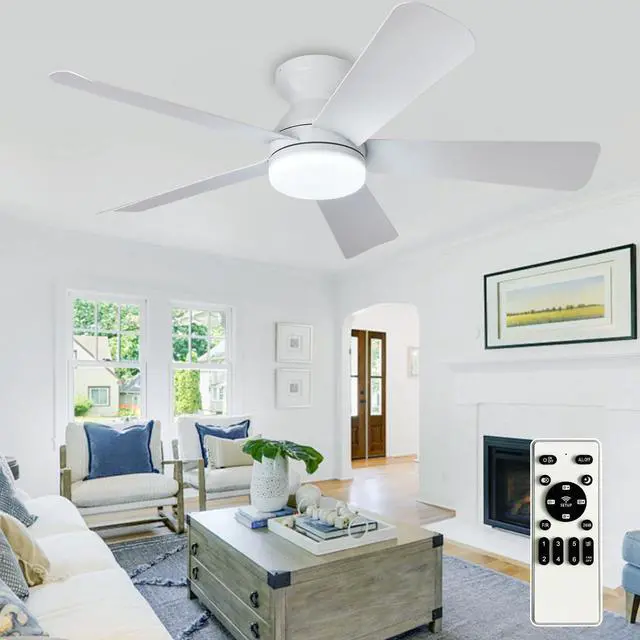 Main image of Modern Ceiling Fan with Light: 42-Inch White Small Fans for Bedroom Indoor Outdoor - Dimmable Low Profile Ceiling Fans with Remote Control Flush Mount 5 Reversible White Blades 6 Speeds Timer
