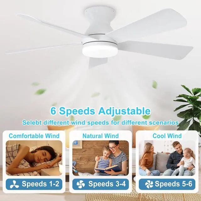 Alt view image 4 of 7 - Modern Ceiling Fan with Light: 42-Inch White Small Fans for Bedroom Indoor Outdoor - Dimmable Low Profile Ceiling Fans with Remote Control Flush Mount 5 Reversible White Blades 6 Speeds Timer