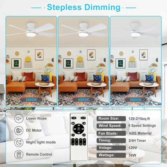 Alt view image 3 of 7 - Modern Ceiling Fan with Light: 42-Inch White Small Fans for Bedroom Indoor Outdoor - Dimmable Low Profile Ceiling Fans with Remote Control Flush Mount 5 Reversible White Blades 6 Speeds Timer