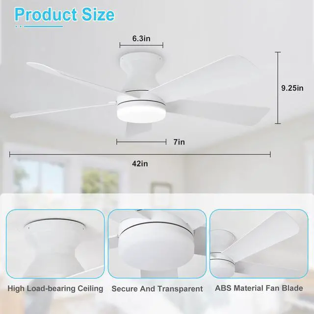 Alt view image 5 of 7 - Modern Ceiling Fan with Light: 42-Inch White Small Fans for Bedroom Indoor Outdoor - Dimmable Low Profile Ceiling Fans with Remote Control Flush Mount 5 Reversible White Blades 6 Speeds Timer