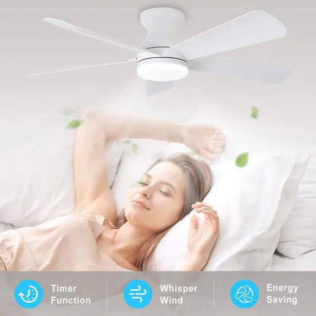 Alt view image 6 of 7 - Modern Ceiling Fan with Light: 42-Inch White Small Fans for Bedroom Indoor Outdoor - Dimmable Low Profile Ceiling Fans with Remote Control Flush Mount 5 Reversible White Blades 6 Speeds Timer