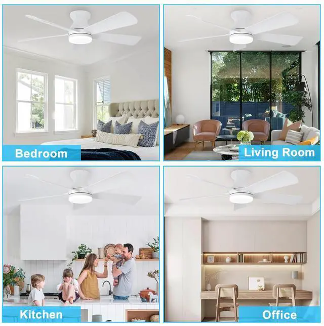 Alt view image 7 of 7 - Modern Ceiling Fan with Light: 42-Inch White Small Fans for Bedroom Indoor Outdoor - Dimmable Low Profile Ceiling Fans with Remote Control Flush Mount 5 Reversible White Blades 6 Speeds Timer