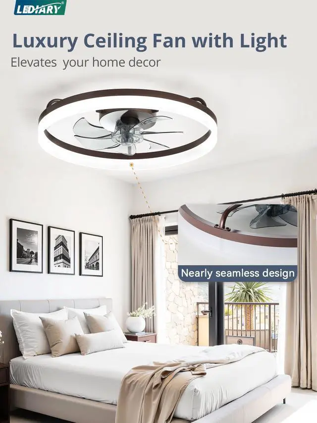 Alt view image 2 of 7 - Ceiling Fans with Lights, 20 inch Low Profile Flush Mount Ceiling Fan, Dimmable LED, APP & Remote Control, Quiet Reversible DC Motor, 6 Speeds, Fandelier for Bedroom, Brown