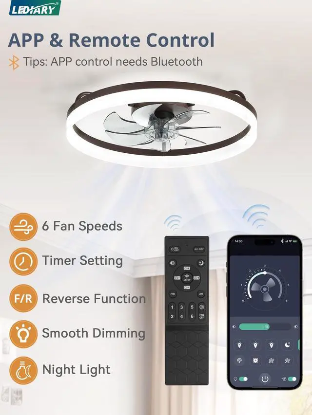 Alt view image 4 of 7 - Ceiling Fans with Lights, 20 inch Low Profile Flush Mount Ceiling Fan, Dimmable LED, APP & Remote Control, Quiet Reversible DC Motor, 6 Speeds, Fandelier for Bedroom, Brown