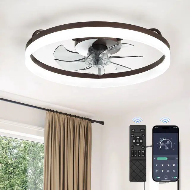 Main image of Ceiling Fans with Lights, 20 inch Low Profile Flush Mount Ceiling Fan, Dimmable LED, APP & Remote Control, Quiet Reversible DC Motor, 6 Speeds, Fandelier for Bedroom, Brown