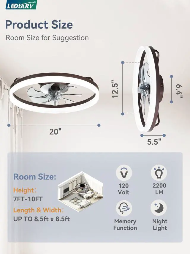 Alt view image 7 of 7 - Ceiling Fans with Lights, 20 inch Low Profile Flush Mount Ceiling Fan, Dimmable LED, APP & Remote Control, Quiet Reversible DC Motor, 6 Speeds, Fandelier for Bedroom, Brown