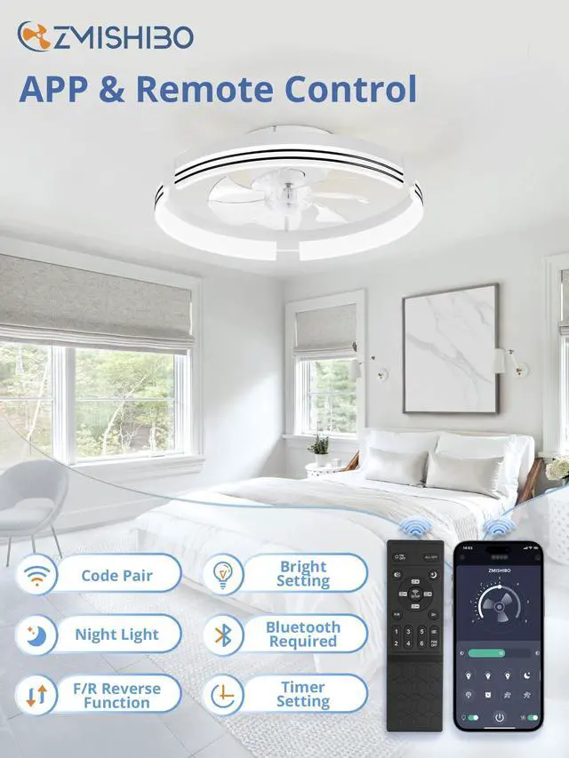Alt view image 4 of 6 - Low Profile Ceiling Fans with Lights and Remote, 20 Inch Flush Mount Ceiling Fan with Light, 3000K-6000K Dimmable Fandelier LED Fan Light, 6 Wind Speeds White Ceiling Fans for Bedroom