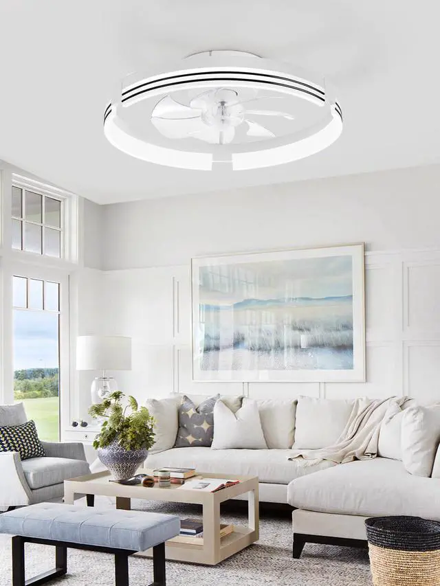 Alt view image 6 of 6 - Low Profile Ceiling Fans with Lights and Remote, 20 Inch Flush Mount Ceiling Fan with Light, 3000K-6000K Dimmable Fandelier LED Fan Light, 6 Wind Speeds White Ceiling Fans for Bedroom