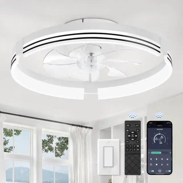 Main image of Low Profile Ceiling Fans with Lights and Remote, 20 Inch Flush Mount Ceiling Fan with Light, 3000K-6000K Dimmable Fandelier LED Fan Light, 6 Wind Speeds White Ceiling Fans for Bedroom