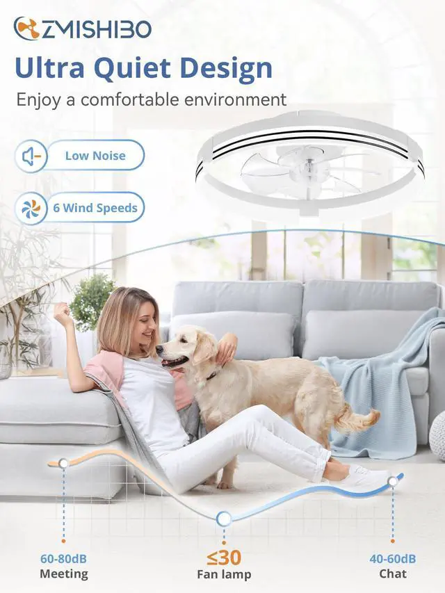 Alt view image 3 of 6 - Low Profile Ceiling Fans with Lights and Remote, 20 Inch Flush Mount Ceiling Fan with Light, 3000K-6000K Dimmable Fandelier LED Fan Light, 6 Wind Speeds White Ceiling Fans for Bedroom