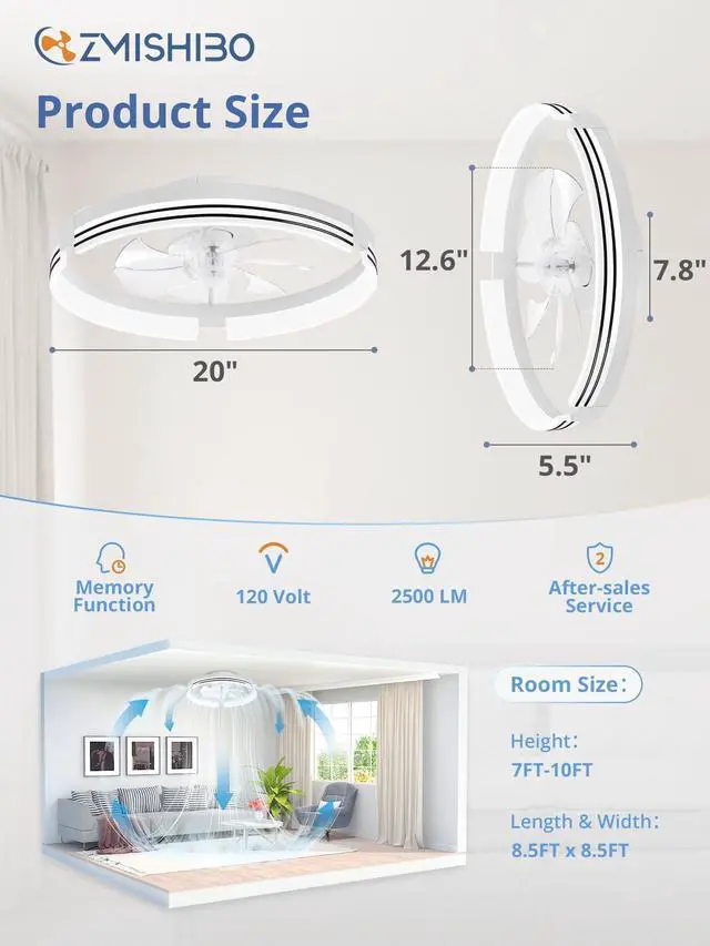 Alt view image 5 of 6 - Low Profile Ceiling Fans with Lights and Remote, 20 Inch Flush Mount Ceiling Fan with Light, 3000K-6000K Dimmable Fandelier LED Fan Light, 6 Wind Speeds White Ceiling Fans for Bedroom