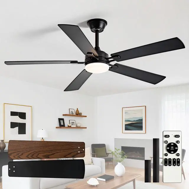Main image of 52-inch Ceiling Fan with Light: Black Ceiling Fan for Living Room Indoor Outdoor - Modern Ceiling Fan with Remote Control 3CCT Dimmable Noiseless 5 Reversible Walnut Blades 6 Speeds Timer