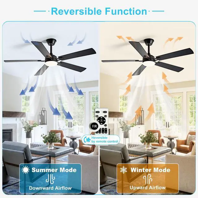Alt view image 2 of 7 - 52-inch Ceiling Fan with Light: Black Ceiling Fan for Living Room Indoor Outdoor - Modern Ceiling Fan with Remote Control 3CCT Dimmable Noiseless 5 Reversible Walnut Blades 6 Speeds Timer