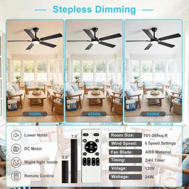 Alt view image 3 of 7 - 52-inch Ceiling Fan with Light: Black Ceiling Fan for Living Room Indoor Outdoor - Modern Ceiling Fan with Remote Control 3CCT Dimmable Noiseless 5 Reversible Walnut Blades 6 Speeds Timer