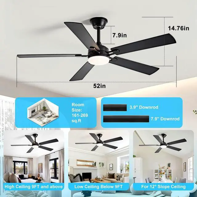 Alt view image 4 of 7 - 52-inch Ceiling Fan with Light: Black Ceiling Fan for Living Room Indoor Outdoor - Modern Ceiling Fan with Remote Control 3CCT Dimmable Noiseless 5 Reversible Walnut Blades 6 Speeds Timer