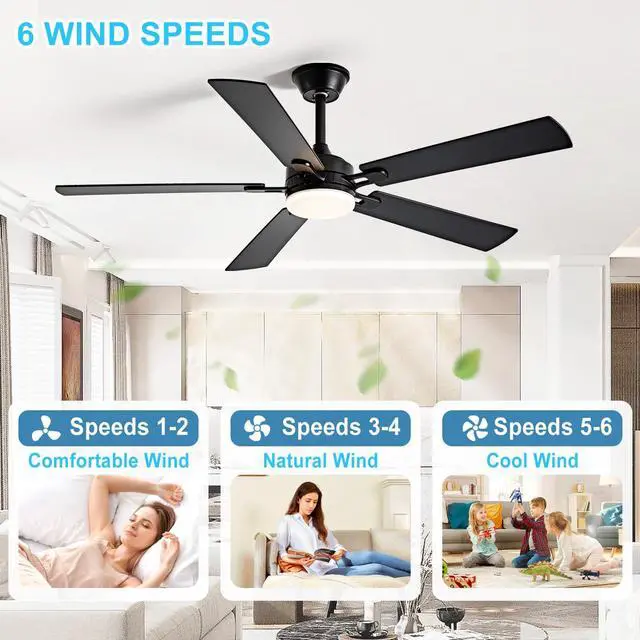 Alt view image 5 of 7 - 52-inch Ceiling Fan with Light: Black Ceiling Fan for Living Room Indoor Outdoor - Modern Ceiling Fan with Remote Control 3CCT Dimmable Noiseless 5 Reversible Walnut Blades 6 Speeds Timer