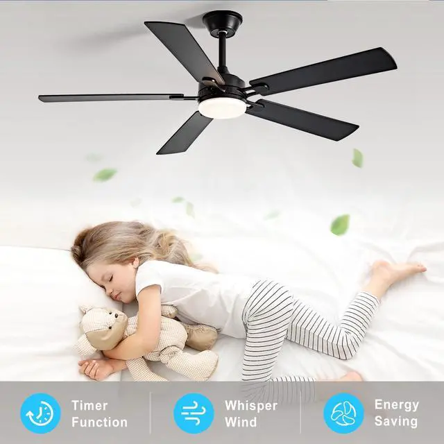 Alt view image 6 of 7 - 52-inch Ceiling Fan with Light: Black Ceiling Fan for Living Room Indoor Outdoor - Modern Ceiling Fan with Remote Control 3CCT Dimmable Noiseless 5 Reversible Walnut Blades 6 Speeds Timer