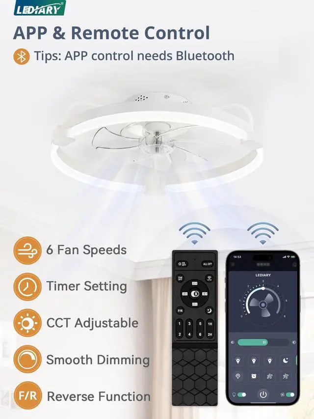 Alt view image 2 of 7 - Ceiling Fans with Lights and Remote, 20'' Low Profile Ceiling Fan with Light, 3000-6000K Dimmable Fandelier LED Fan Light, 6 Wind Speeds, White Modern Flush Mount Ceiling Fan for Bedroom
