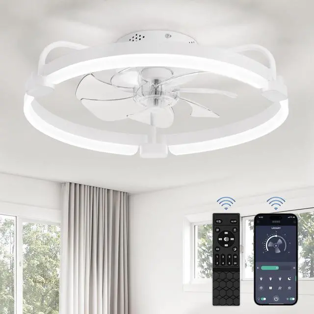 Main image of Ceiling Fans with Lights and Remote, 20'' Low Profile Ceiling Fan with Light, 3000-6000K Dimmable Fandelier LED Fan Light, 6 Wind Speeds, White Modern Flush Mount Ceiling Fan for Bedroom