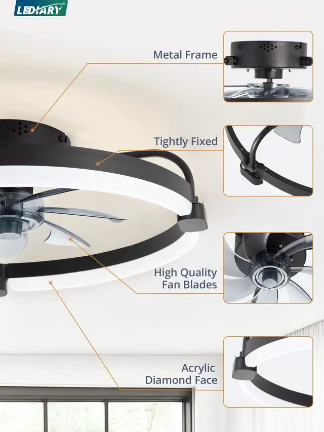 Alt view image 7 of 7 - Ceiling Fans with Lights and Remote, 20'' Low Profile Ceiling Fan with Light, 3000-6000K Dimmable Fandelier LED Fan Light, 6 Wind Speeds, Black Modern Flush Mount Ceiling Fan for Bedroom