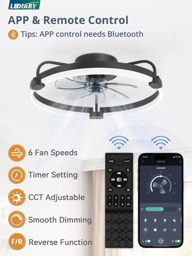 Alt view image 2 of 7 - Ceiling Fans with Lights and Remote, 20'' Low Profile Ceiling Fan with Light, 3000-6000K Dimmable Fandelier LED Fan Light, 6 Wind Speeds, Black Modern Flush Mount Ceiling Fan for Bedroom
