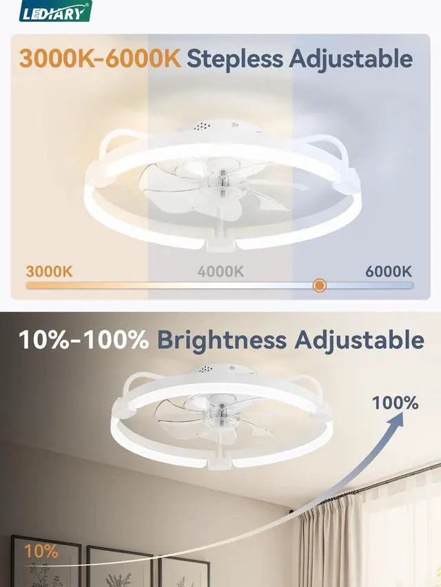 Alt view image 3 of 7 - Ceiling Fans with Lights and Remote, 20'' Low Profile Ceiling Fan with Light, 3000-6000K Dimmable Fandelier LED Fan Light, 6 Wind Speeds, White Modern Flush Mount Ceiling Fan for Bedroom