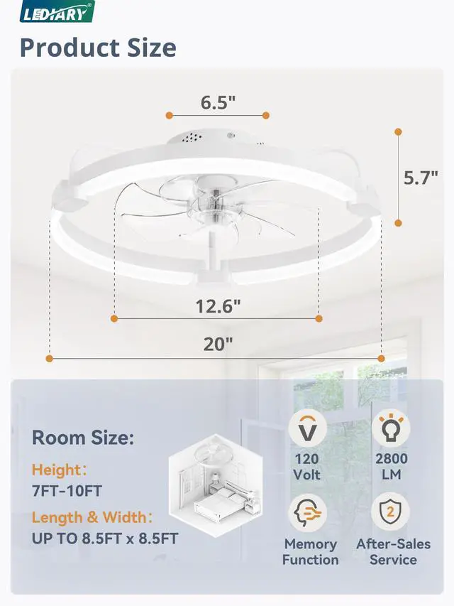 Alt view image 6 of 7 - Ceiling Fans with Lights and Remote, 20'' Low Profile Ceiling Fan with Light, 3000-6000K Dimmable Fandelier LED Fan Light, 6 Wind Speeds, White Modern Flush Mount Ceiling Fan for Bedroom