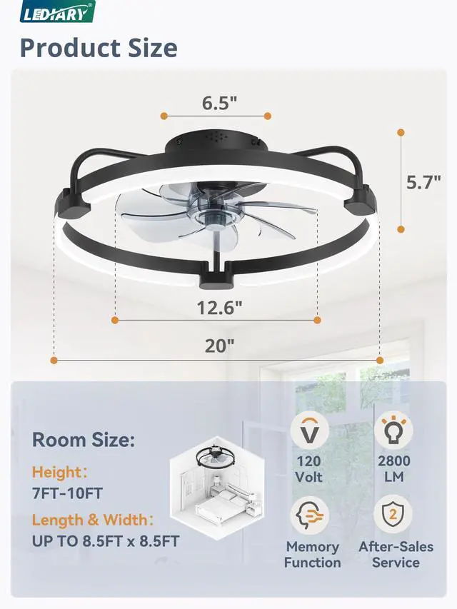 Alt view image 6 of 7 - Ceiling Fans with Lights and Remote, 20'' Low Profile Ceiling Fan with Light, 3000-6000K Dimmable Fandelier LED Fan Light, 6 Wind Speeds, Black Modern Flush Mount Ceiling Fan for Bedroom