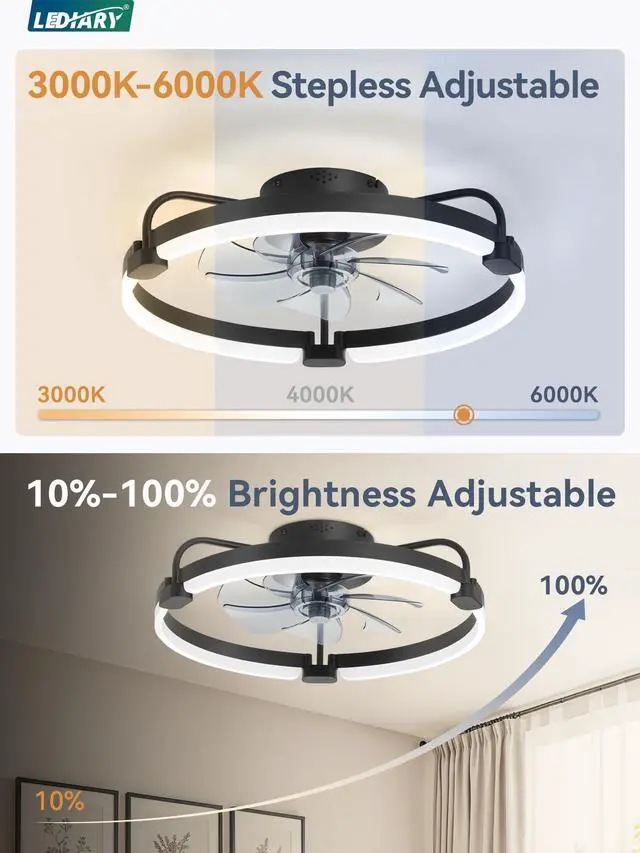 Alt view image 3 of 7 - Ceiling Fans with Lights and Remote, 20'' Low Profile Ceiling Fan with Light, 3000-6000K Dimmable Fandelier LED Fan Light, 6 Wind Speeds, Black Modern Flush Mount Ceiling Fan for Bedroom