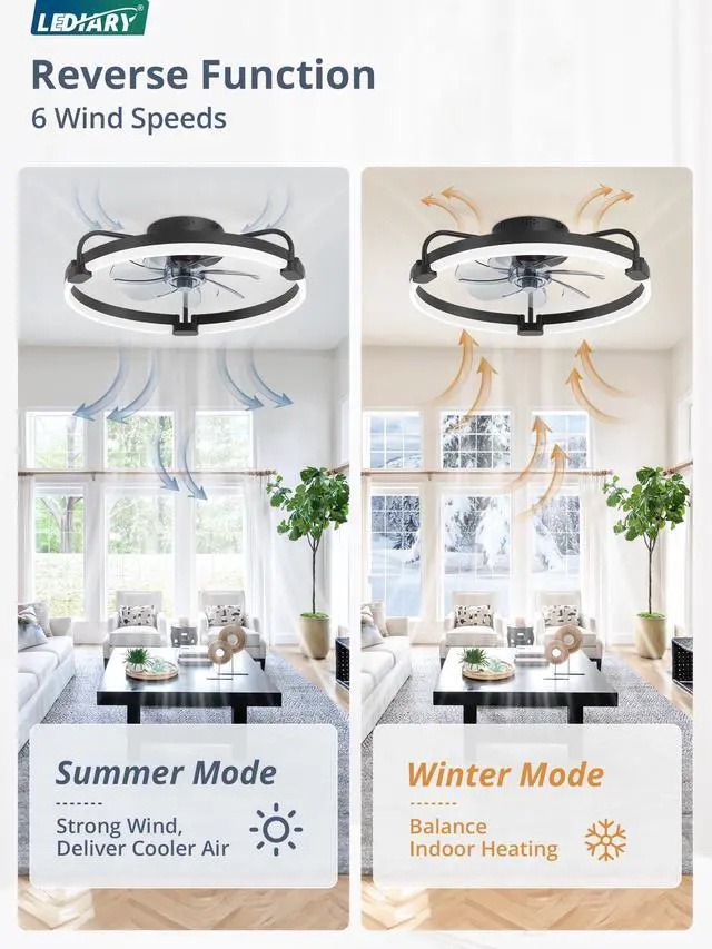 Alt view image 4 of 7 - Ceiling Fans with Lights and Remote, 20'' Low Profile Ceiling Fan with Light, 3000-6000K Dimmable Fandelier LED Fan Light, 6 Wind Speeds, Black Modern Flush Mount Ceiling Fan for Bedroom